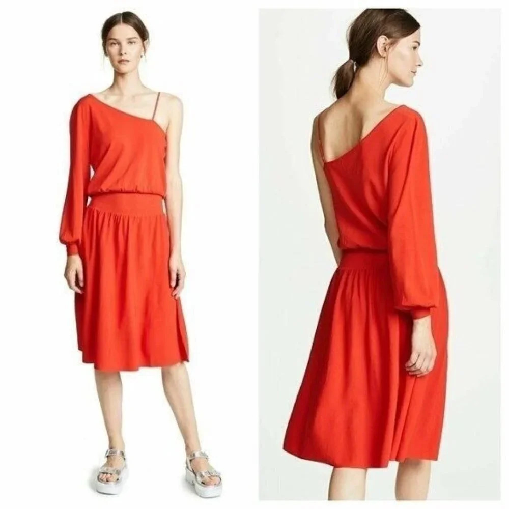 A.L.C. POPPY Red SHARA One Shoulder‎ Blouson Sleeve Knit Midi Skirt Dress Small